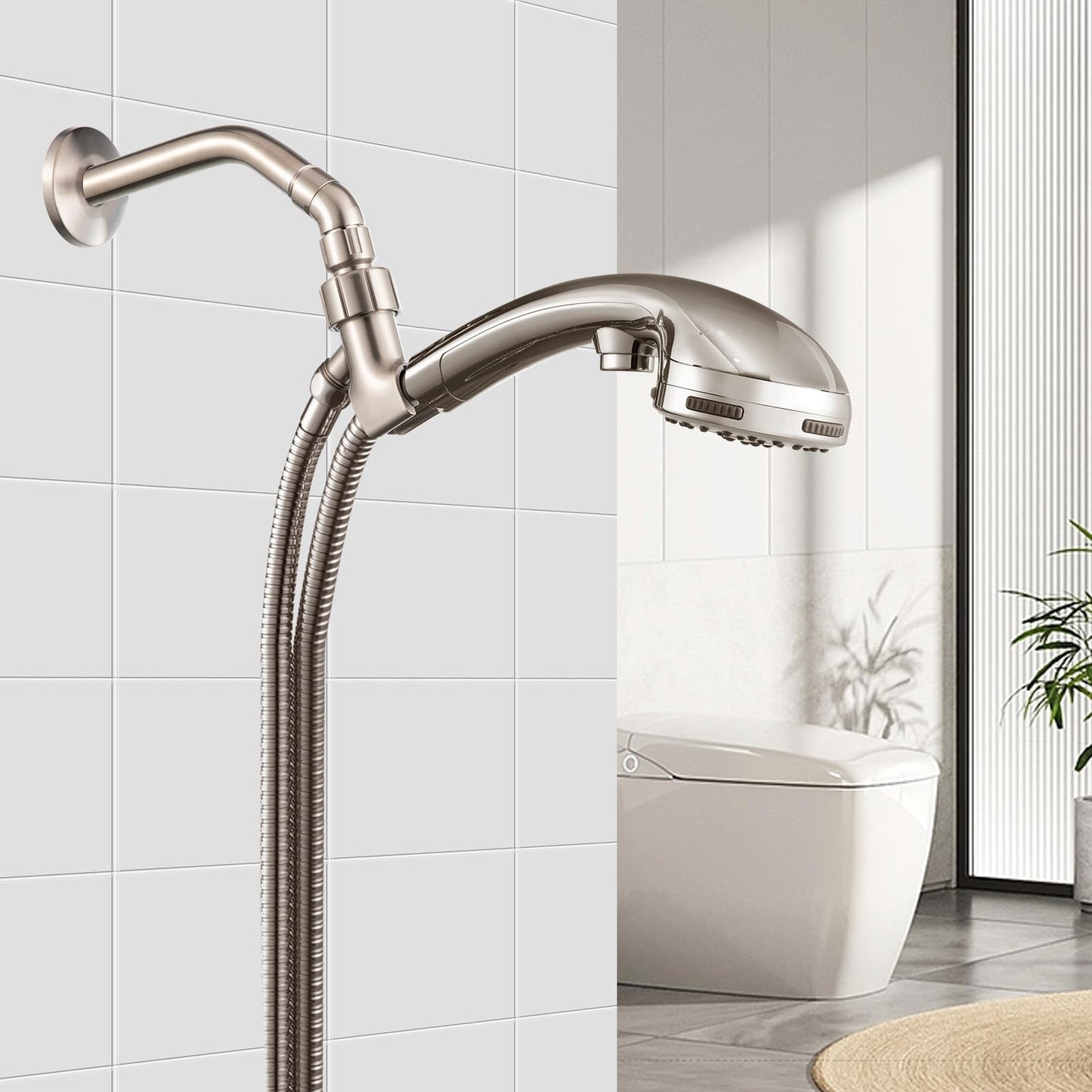 OFFO Shower Head Elbow Adapter, Brushed Nickel All Metal Handheld Shower Head Elbow Adapter Shower Arm Angle Adapter 135 Degrees