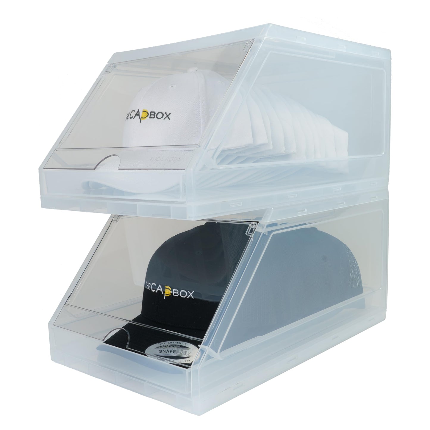 The CapBox 2.0 (2 Pack Clear) Hat Organizer for Baseball Caps, Stackable Sliding Tray Hat Rack & Hat Holder Hat Hanger Cap Storage Container 2 Yr. Warranty Anti Tilting & Tray Stopper (Clear)