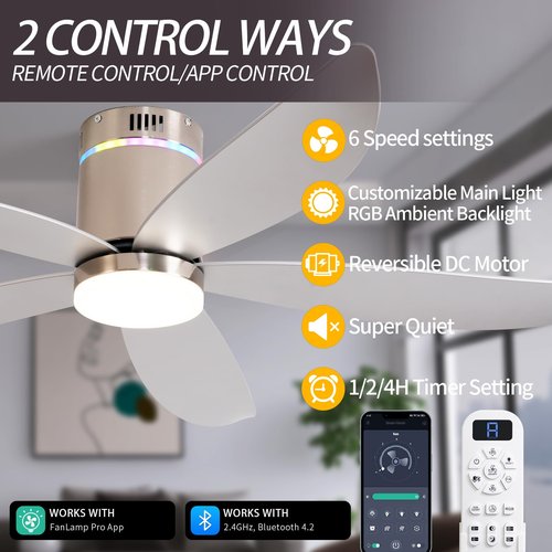 Carrefour Ceiling Fan with Lights,52 Inch Silver Flush Mount Ceiling Fans with Remote,RGB,6 Speeds DC Reversible, Dimmable, Noiseless,Bluetooth Speaker,Low Profile Ceiling Fans for Bedroom