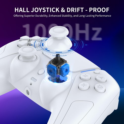 JDDWIN LED Wireless Gaming Controller for PS5/PC/Steam Deck,Hall Effect, Trigger Stops, Mappable Buttons, Bluetooth Audio,Marco, Turbo, Vibration, 6-Axis Motion Contro Gamepad with Speaker (White)