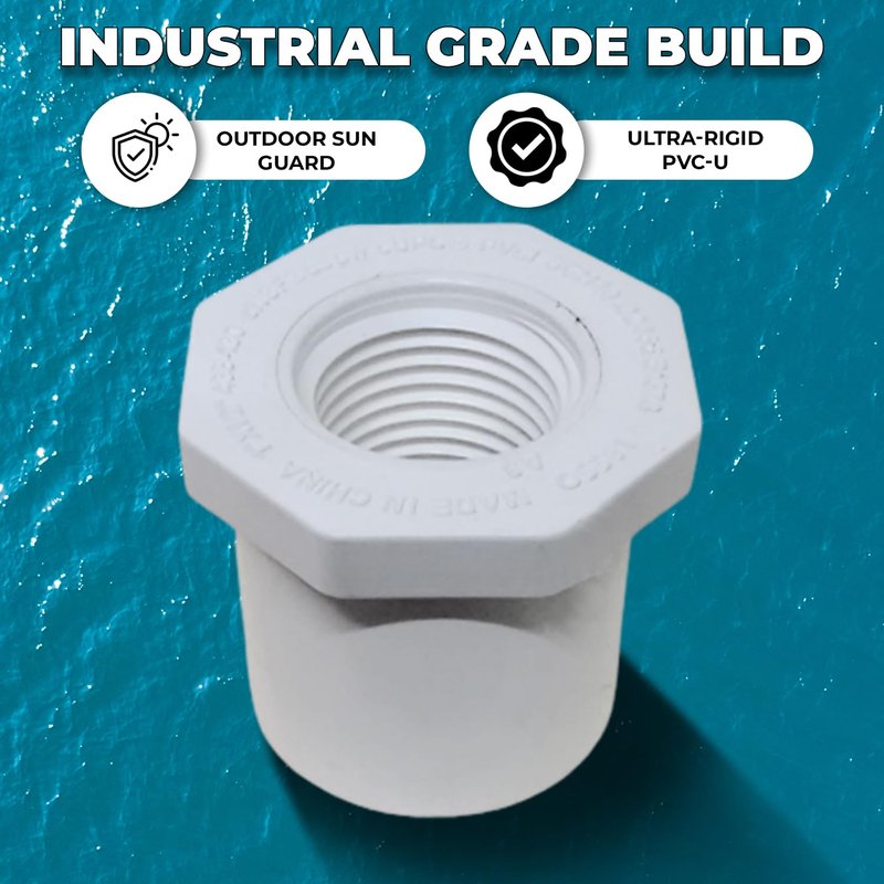 PVC Sch 40 Reducing Bushing Flush Style SPIG x FIPT Solvent Weld x Threaded, White, 1" x 3/4", Plumbing Pipe Connector Pressure Fitting