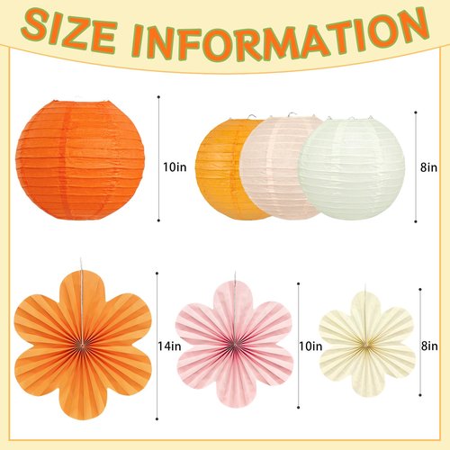 18 Pcs Autumn Pink and Orange Party Decorations Set, Hanging Paper Lanterns Paper Flowers Fans for Girls Women Wall Baby Shower One Sweet Peach Birthday Thanksgiving Bachelorette Sunset Party Decor