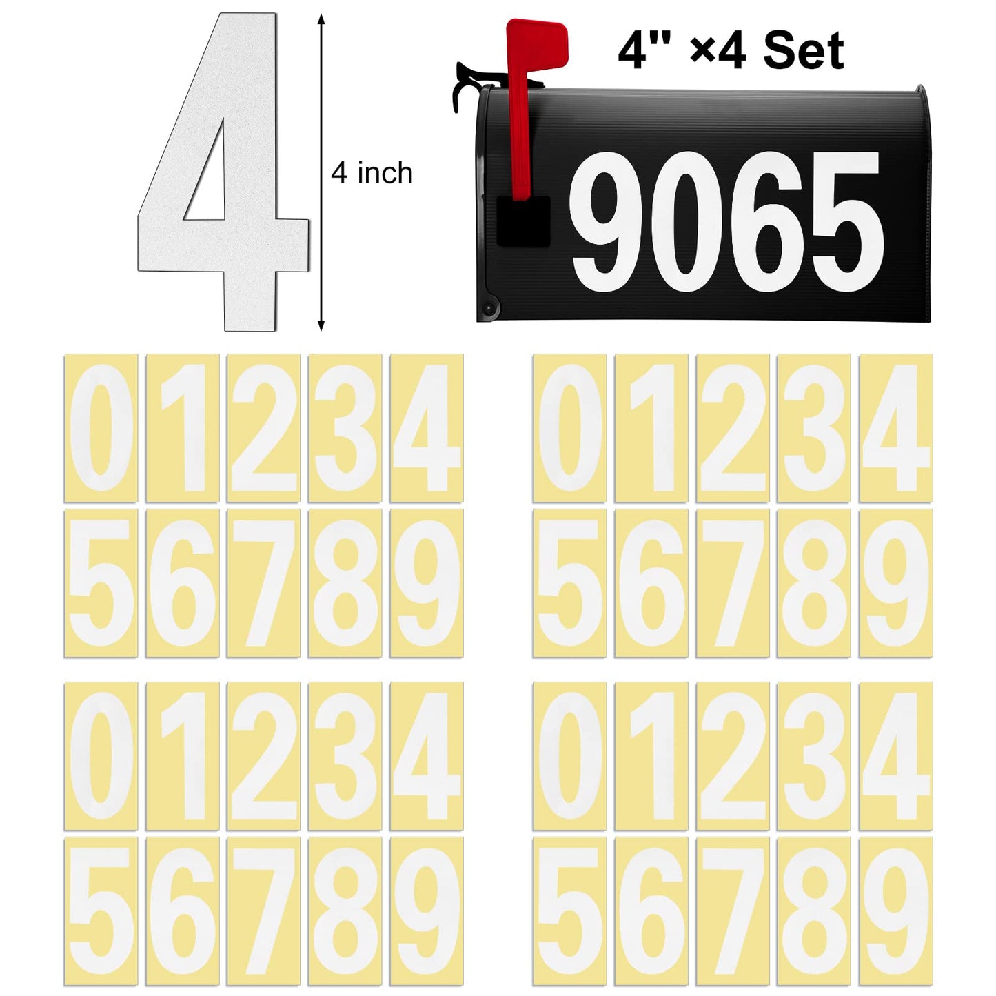 Reflective Mailbox Number for Outside, 4 Inch 4 Sets Vinyl Waterproof White Mailbox Numbers Stickers, Strong Self-adhesive House Adress Numbers for Mailbox Door Signs Trucks (Number 0-9)