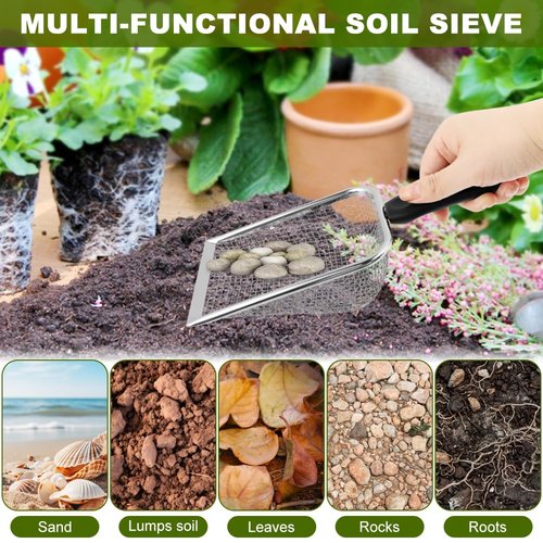 Soil Sifter for Gardening, 2 Pack Stainless Steel Garden Sifter for Soil, Compost, Dirt, Sand, Portable Rock Sifter & Shovel with 3.8mm/5.0mm Mesh & Ergonomic Handle for Gardening