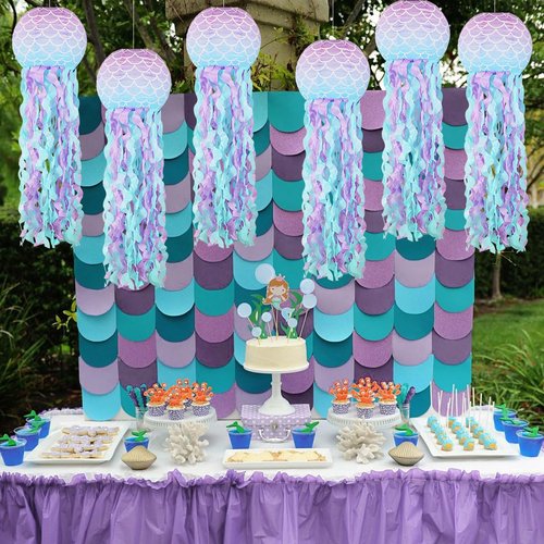 YUNXUAN Mermaid Party Decorations, Jellyfish Paper Lanterns Mermaid Scales Hanging Lantern for Mermaid Birthday Party Baby Shower Under The Sea Ocean Decorations Pack of 8