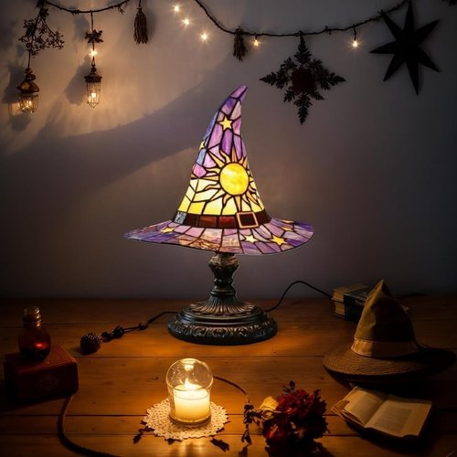 Witch Hat Lamp,Handcrafted Stained Gothic Wizard Hat Lights,Small Wizard Spooky Fun,Mystical Witch Table Lamp for Indoor Party Home Dector (Pink, 11.8 in)
