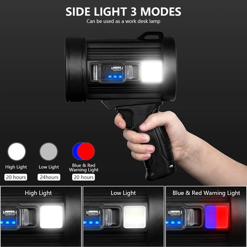 MIXILIN Rechargeable Spotlight, 90,000 Lumens Handheld Hunting Flashlight Led Spot Light with Cob Light and Solar Panels, Lightweight and Super Bright Spotlight for Hunting Boating Camping