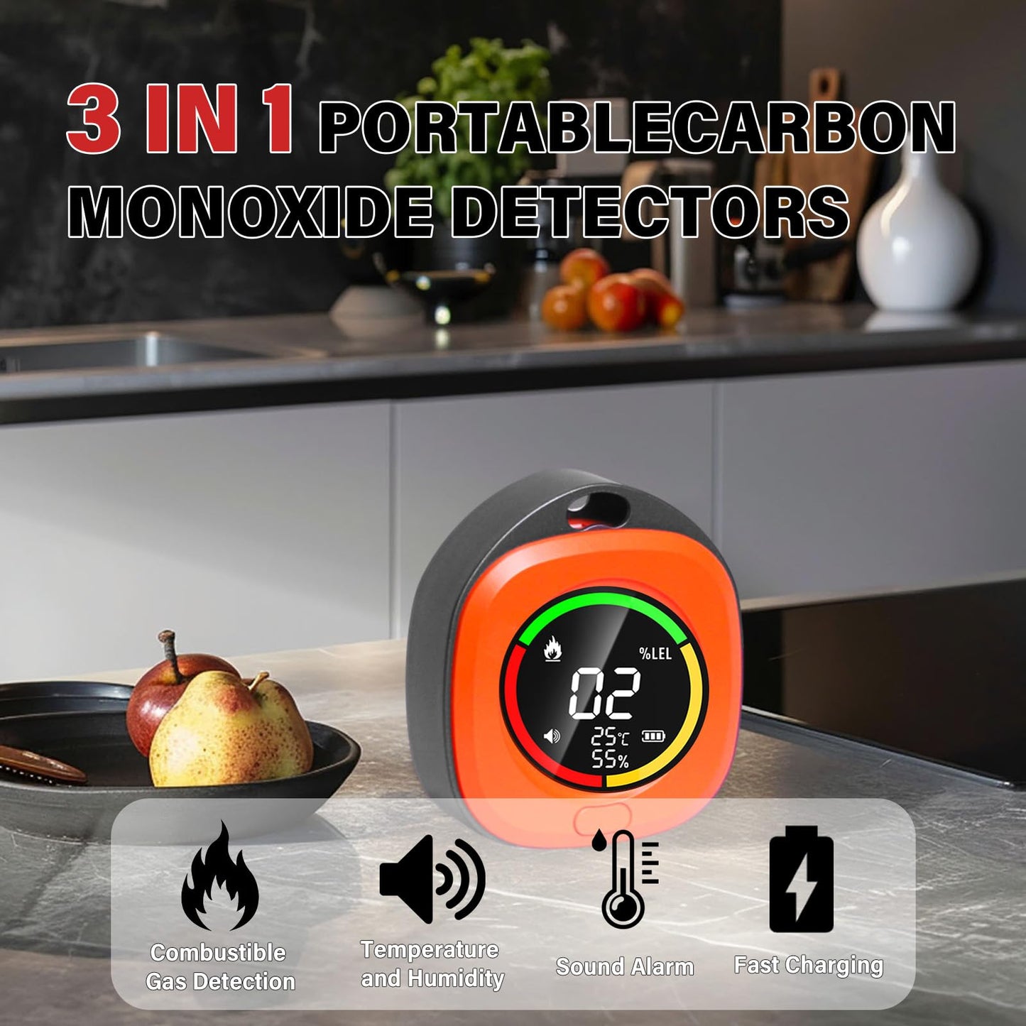 Portable Carbon Monoxide Detectors for Travel 3-in-1 Square Carbon Monoxide Monitor with 43 Detection Holes, RV CO Detector Alarm Temp/Humidity Sensor for Home, Camping & Travel Tent Car