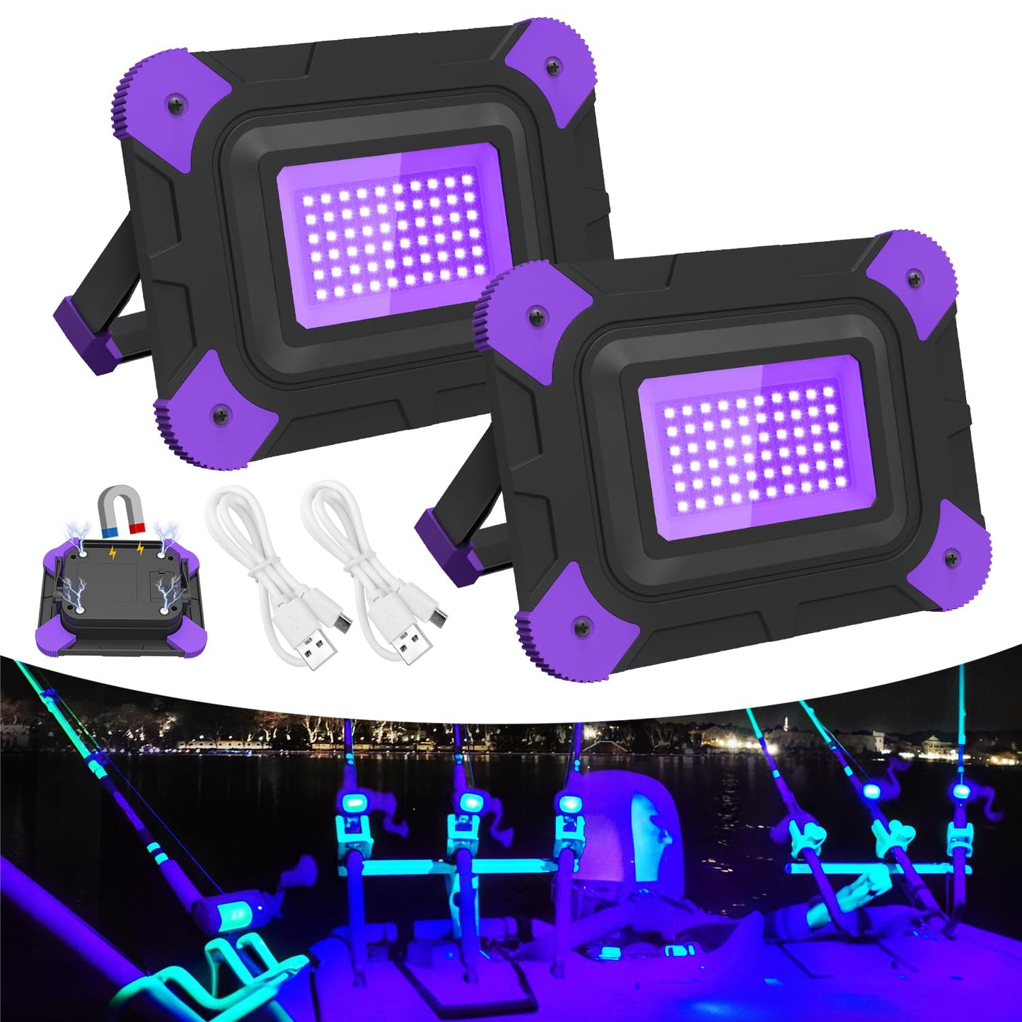 T-SUN Rechargeable Black Lights, Battery Powered Black Light for Fishing Portable Work Light for Glow Party Body Paint Fluorescent Poster Neon Party 2 Packs
