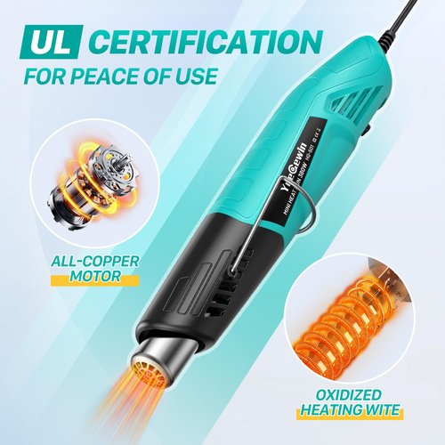 Yeegewin Heat Gun, 380W Fast Heat Mini Hot Air Gun with 2-Temp Settings 480°F-850°F(249°C-455°C) Overheat Protection Reflector Nozzle, 4.9Ft Long Cable for Shrink Wrap,Vinyl, Crafts, Epoxy Resin
