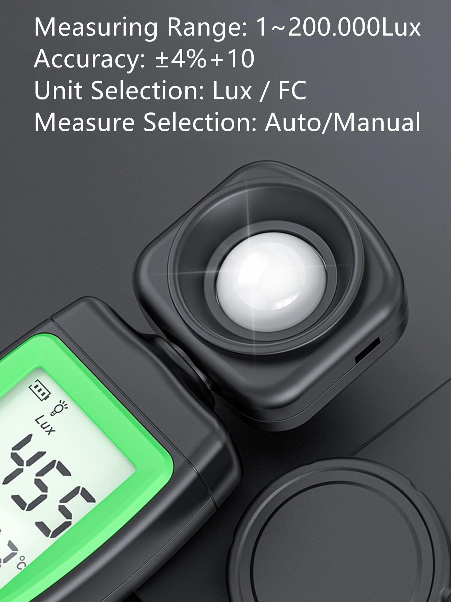Yankok AS803F Smart Digital Light Meter 1-200000 Lux Measurement Lumen Checker Tools with High Accuracy 180D Rotatable Sensor and LCD Display Green (Come with User Manual but Battery NOT Included)