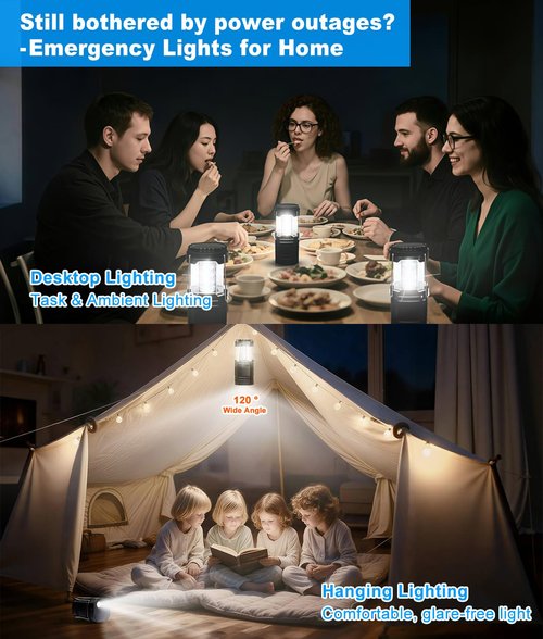 Camping Lantern Rechargeable, 2-in-1 Solar Flashlight & Tent Light, Emergency Camping Flashlight, Hanging Lanterns for Power Outages, Black 4 Pack
