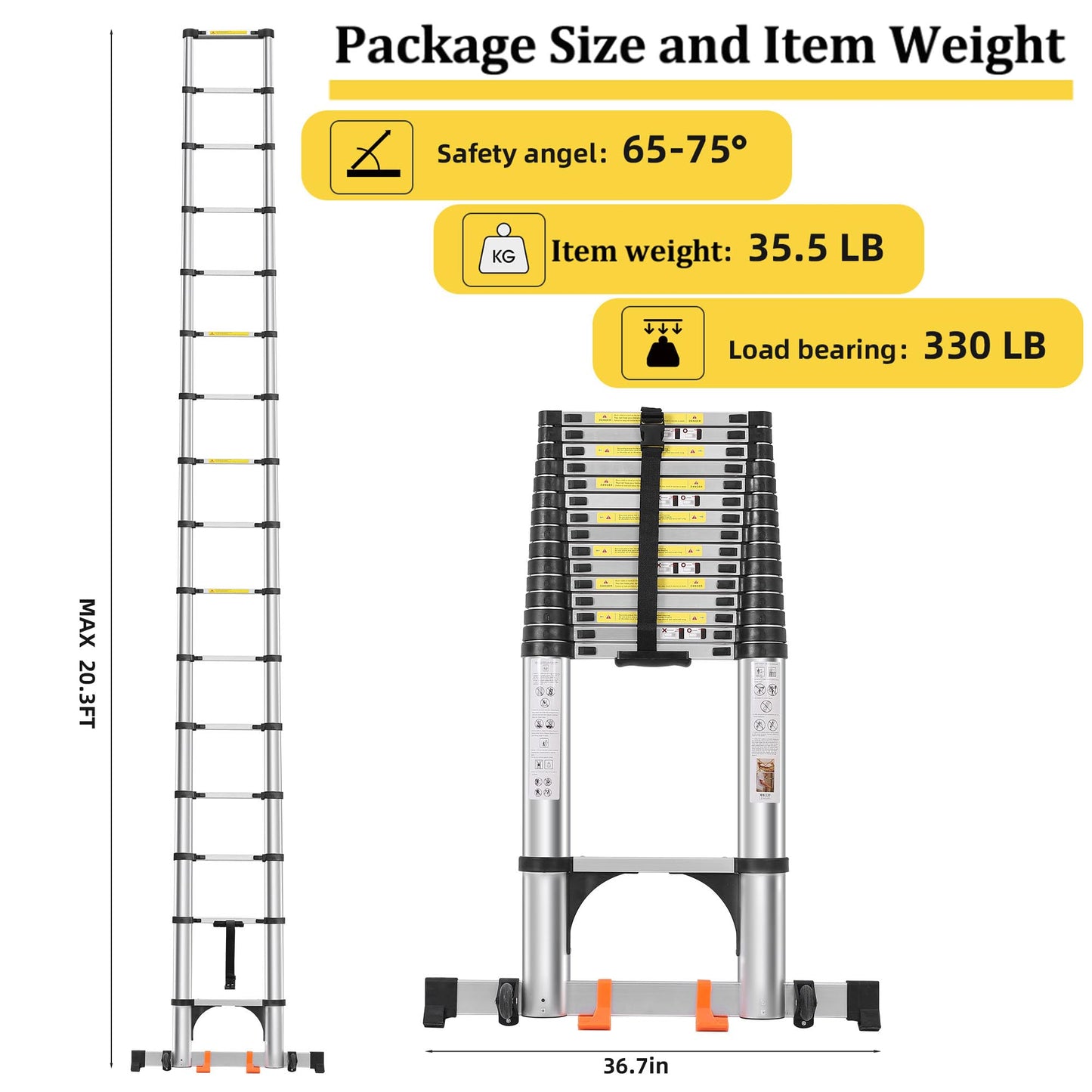 DEZEX Telescoping Ladder 20.3 FT,Aluminum Lightweight Extension Ladder with 2 Triangle Stabilizers and 2 Detachable Hooks,Safety Lock Slow Down Design Collapsible Telescopic Ladder for Home Outdoor