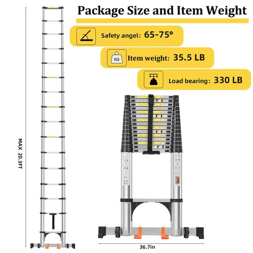 DEZEX Telescoping Ladder 20.3 FT,Aluminum Lightweight Extension Ladder with 2 Triangle Stabilizers and 2 Detachable Hooks,Safety Lock Slow Down Design Collapsible Telescopic Ladder for Home Outdoor