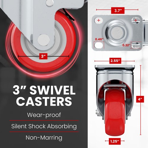 Online Best Service 4 Pack Caster Wheels Swivel Plate On Red Polyurethane Wheels (3 inch with Brake)