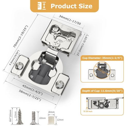 Furniware 2 Pieces 1/4" Small Overlay Concealed Face Frame Hinges, 105° Open Angle 4 Level Soft Close Screw On Compact Cabinet Hinge,for Face Frame Door, Soft Close On/Off Switch, Self Closing