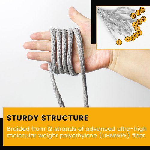 RIOOP Synthetic Winch Rope Heavy Duty 3/16 Inch x 50 Feet 8350LBs Recovery Tow Rope Line for ATV UTV Truck Jeep Winch Cable Line with Protective Sleeve for Off-Road Car Towing Extension (Gray)