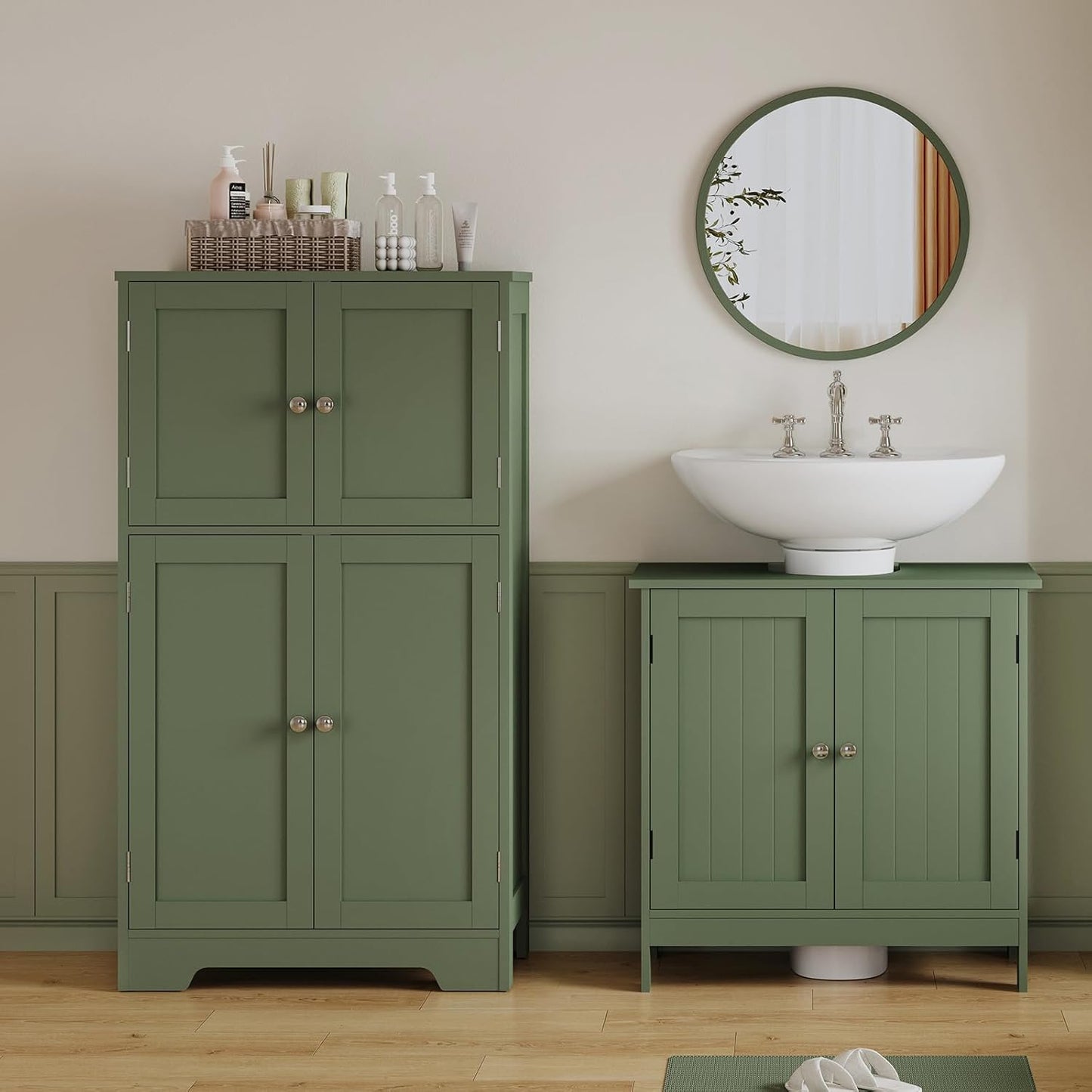 Pedestal Sink Storage Cabinet, Under Sink Cabinet with 2 Doors & Storage Shelf, Under Bathroom Organizer for Bathroom, Forest Green