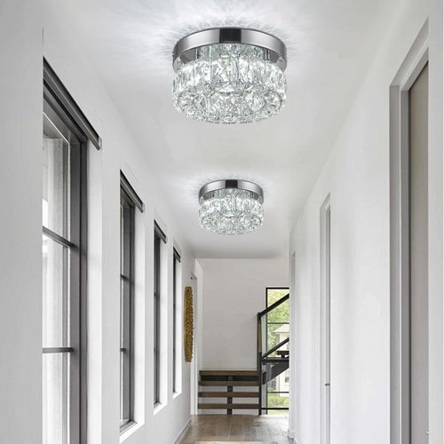 7.9 Inch Modern Mini Crystal Chandelier LED Flush Mount Ceiling Light - 16W 6000K Cool White, Round Crystal Lamp for Hallway, Kitchen, Bathroom, Bedroom, Laundry (Room) and Dining Room Lighting