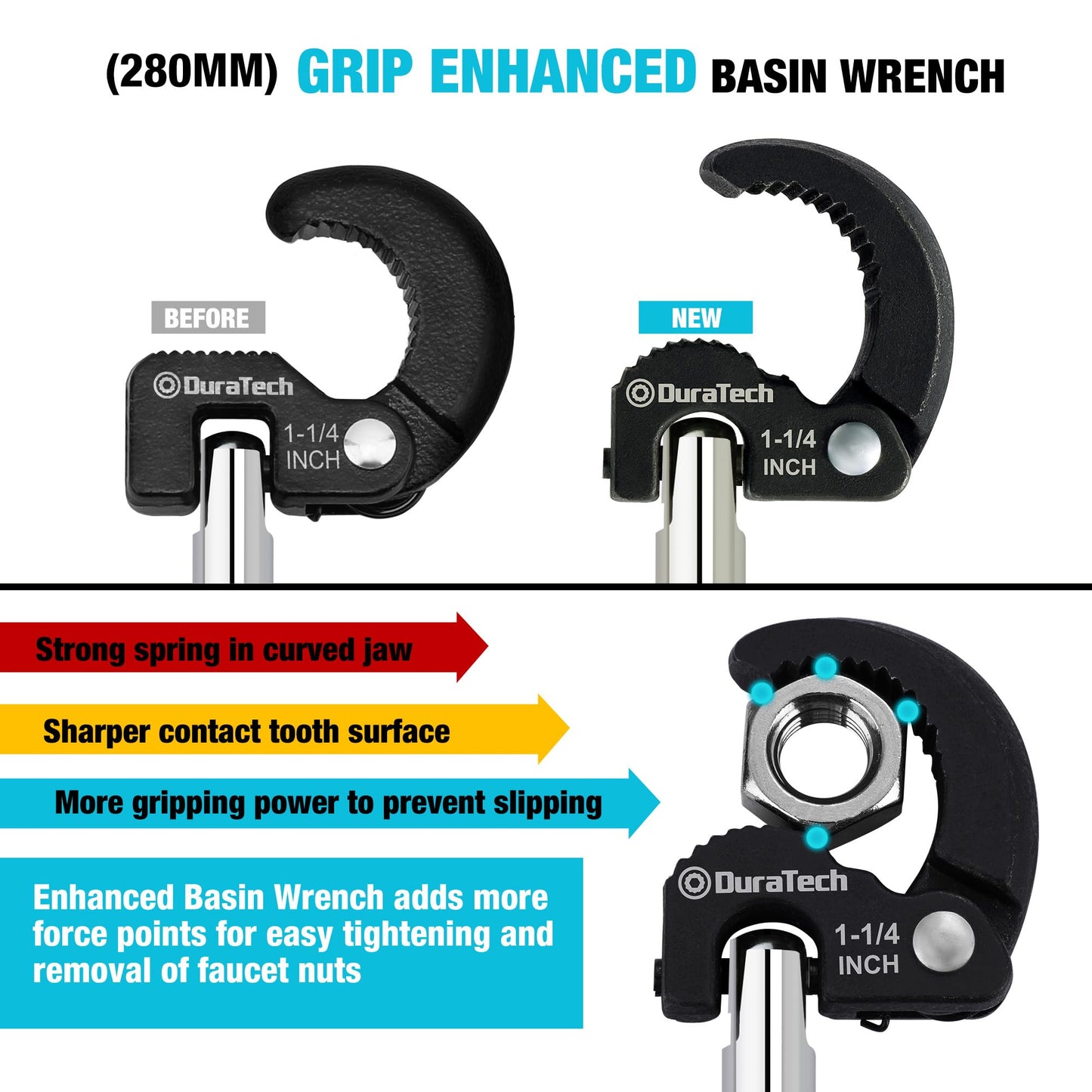 DURATECH 11" Basin Wrench, Sink Wrench, Adjustable Tap Nut Spanner Basin Spanner, Capacity of 3/8" to 1-1/4" for Fixing Back and Union Nuts Under Sink