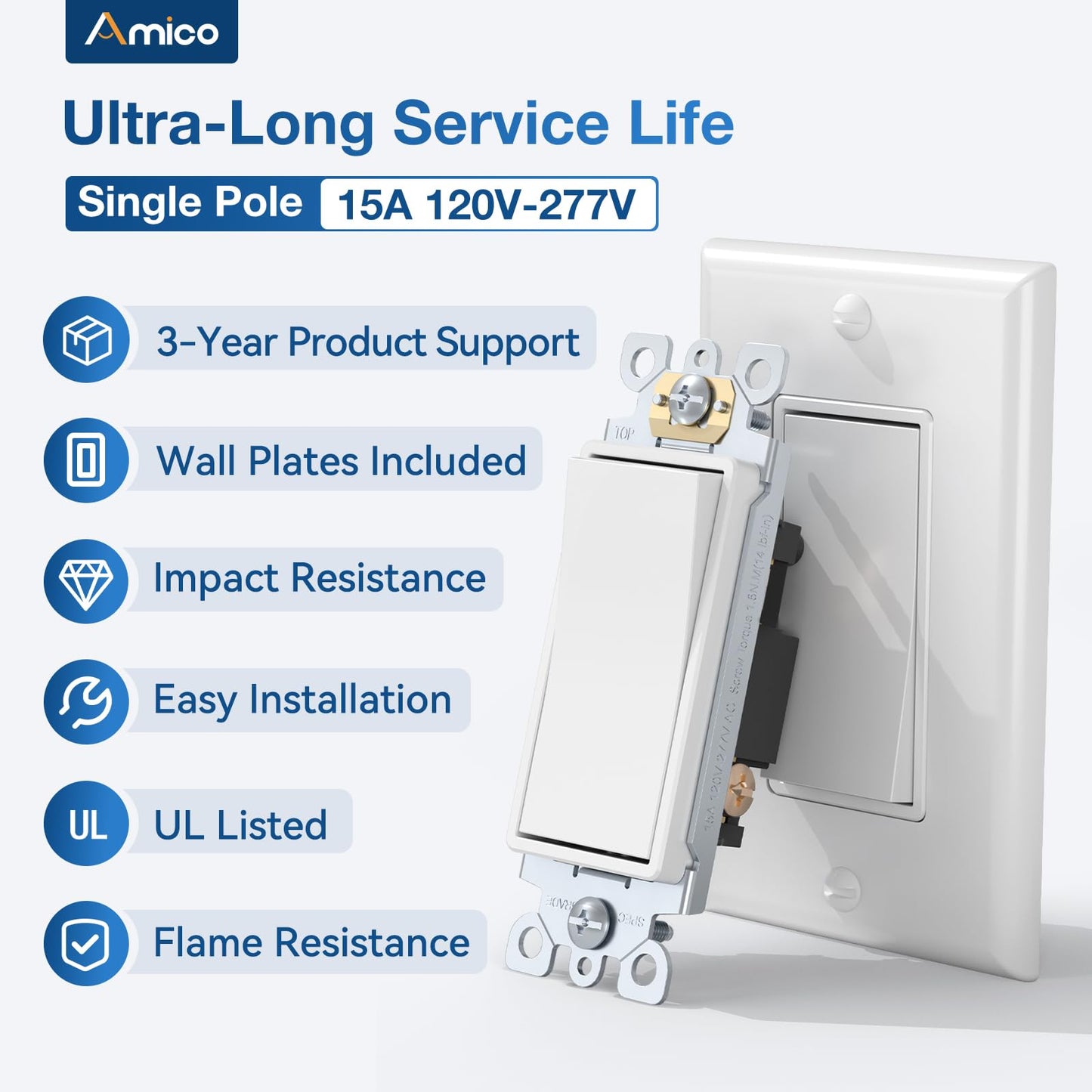 Amico 30 Pack Single Pole Light Switch with Wall Plate, UL Listed, 15A 120/277V, On/Off Rocker Paddle Interrupter Wall Switch, Grounding Screw, Residential Grade, Suitable for Home and Business, White