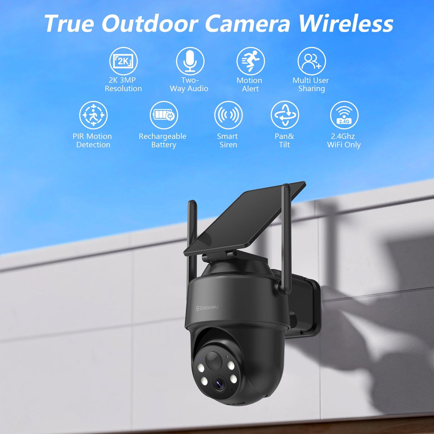 GALAYOU 2K Security Cameras Wireless Outdoor-360° PTZ Cameras for Home Security with Solar Panel/Battery Powered, Night Vision, Two-Way Audio, PIR Sensor, Works with Alexa, R1 4P Black (2.4Ghz Only)
