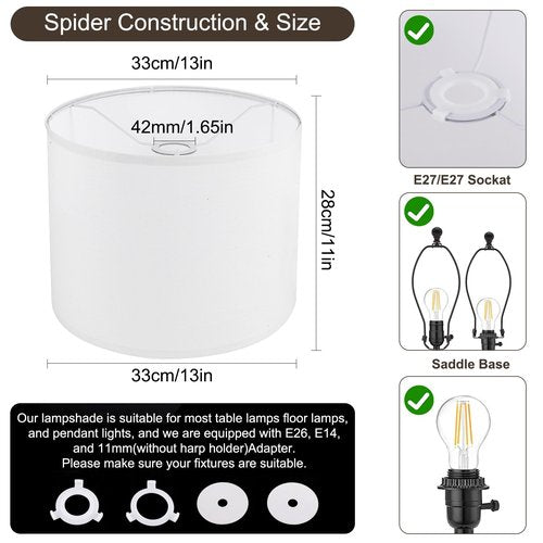 White Lamp Shade, Large Drum Lampshade 13" Top x 13" Bottom x 11" High (Spider), Replacement Lamp Shade Natural Linen Hand Crafted for Table Lamps Floor Lamps Chandelier Lamp, Easy Assembly Required