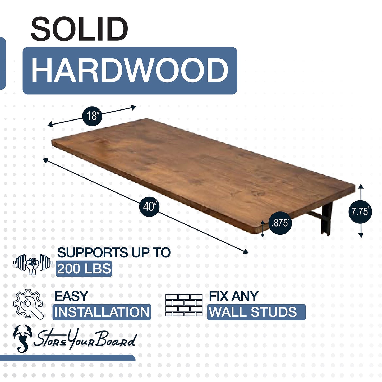 StoreYourBoard Wall Mounted Foldaway Table, Dark Wood Butcher Block Folding Desk, 40" x 18", Black Steel Brackets