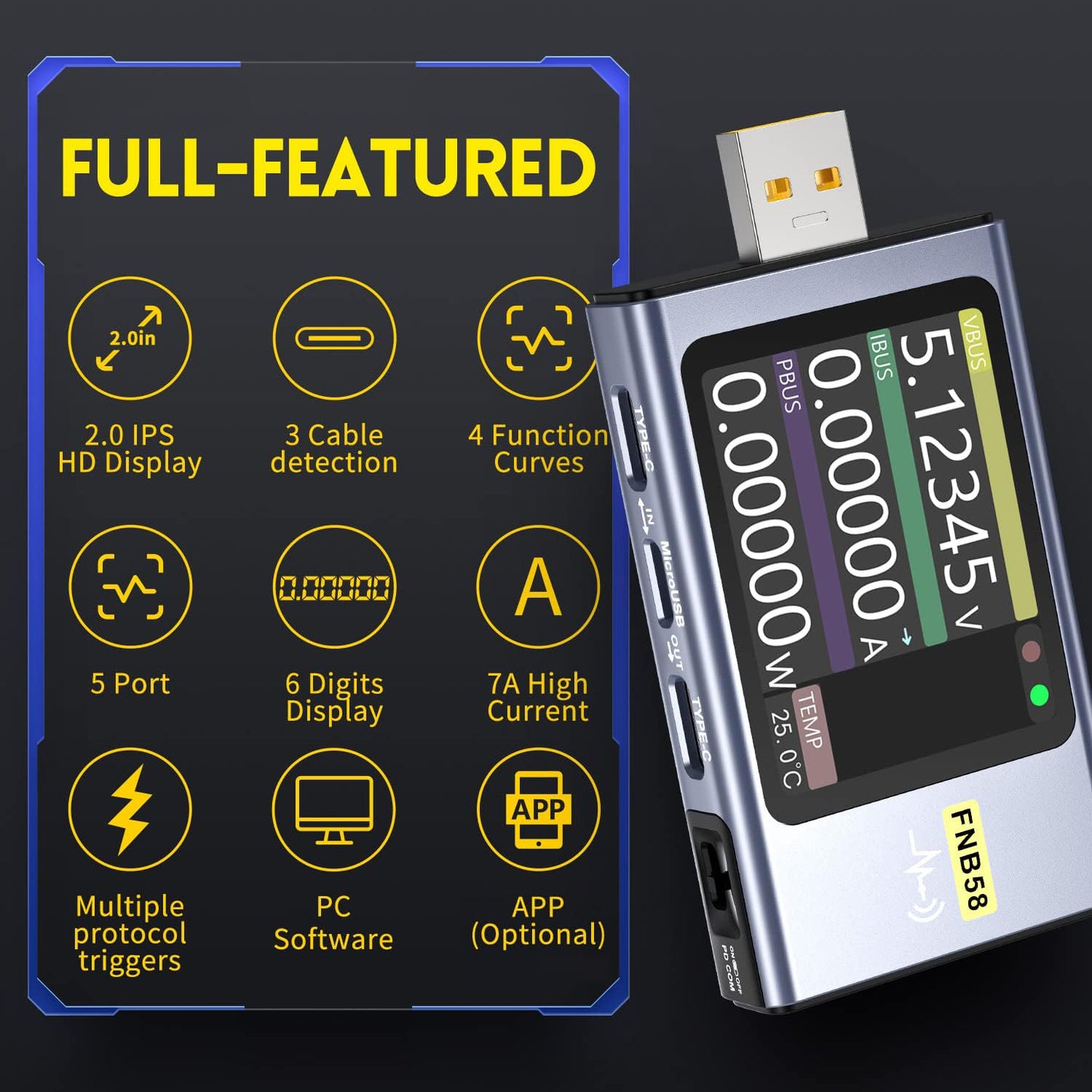 FNIRSI USB Tester 4-28V 7A LCD USB A&C Voltage Current Power Tester Multimeter with App Software, Fast Charge Detection Trigger Capacity Ripple Measurement, PD2.0/PD3.0,QC2.0/QC3.0