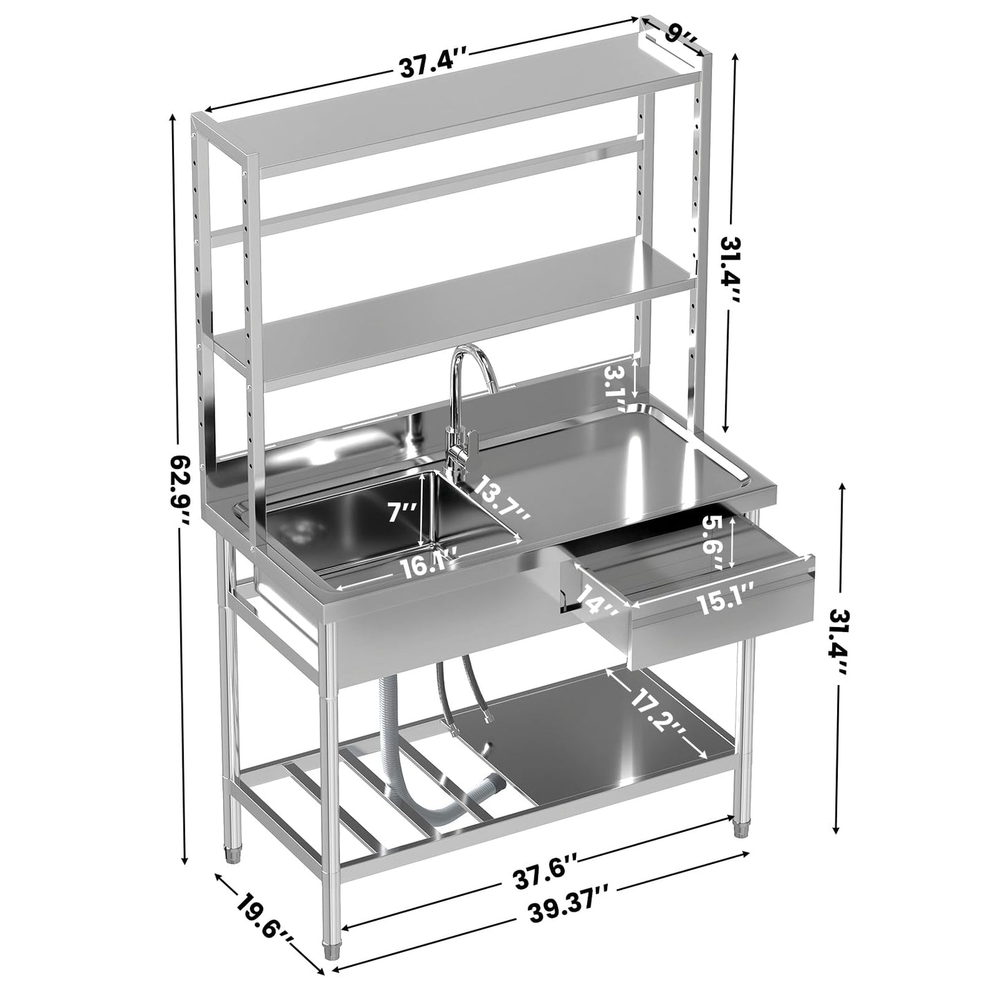 Toemics 39'' Stainless Steel Utility Sink, Free Standing Commercial Single Bowl Sink with Shelves & Right Drawer & Cold and Hot Water Pipe, Indoor and Outdoor Sink for Laundry Room, Garage, Kitchen