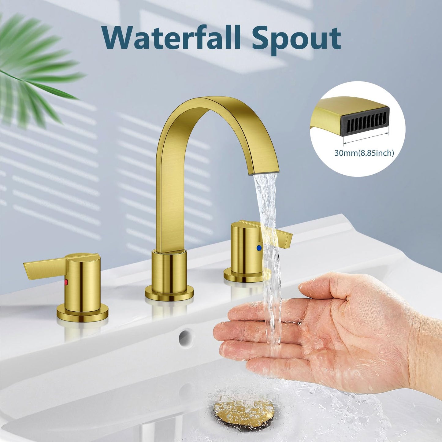 Aolemi Waterfall Bathroom Faucets 3 Hole 8 Inch Widespread Bathroom Sink Faucet 2 Handles with Pop-up Drain and Supply Hose Suitable for Vanity RV Restroom Brushed Gold