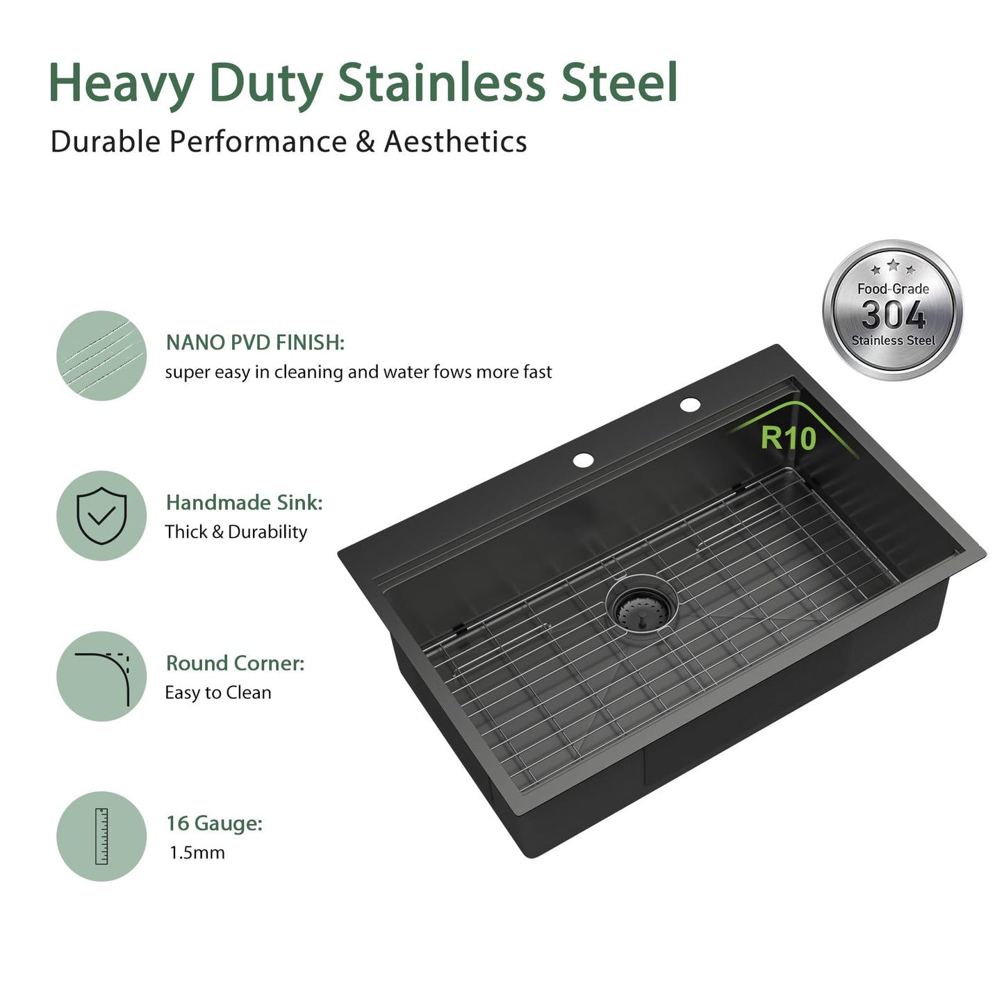 Couoko 33x22 Drop In Kitchen Sink Black Workstation 16 Gauge Stainless Steel Single Bowl Kitchen Sinks Gunmetal Black Nano PVD Handmade Large Deep Sinks 33" x 22" x 9" Inch