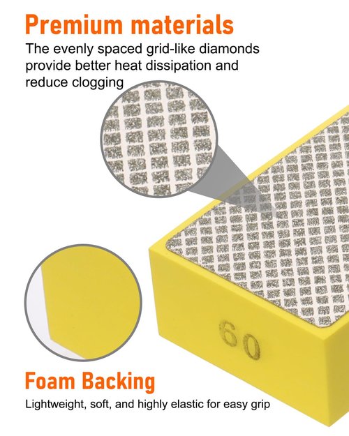 ZORUNNA 6 Pack Diamond Hand Polishing Pads, Diamond Sanding Pads with Foam Backing 60/100/200/400/600/1000 Grit, Sanding Block for Glass Wood Ceramic Marble Metal Tile Tools.