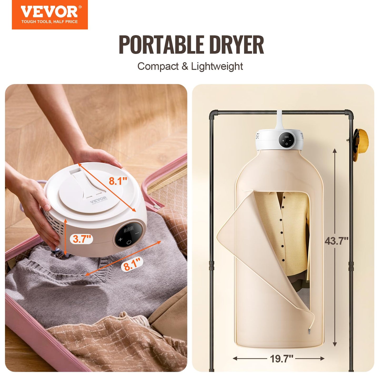 VEVOR Portable Clothes Dryer with Dryer Bag, PTC Heating & LED Display, Foldable Mini Dryer with 5-H Timer for Apartments, Dorms, RVs, or Hotels, 600W, Beige