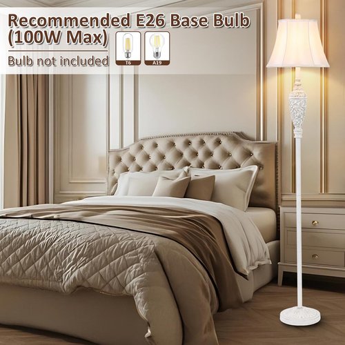 Sheetea 65’’ Vintage Floor Lamp for Living Room, Traditional White Standing Lamp with Carved Resin Base and Foot Switch, Classic Farmhouse Tall Pole Lamp, Bedroom, Office