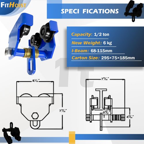 FITHOIST Manually Trolley 1/2 Ton | 1100LBS Capacity Steel Push Beam Trolley | Adjustable for I-Beam Flange Width 2.7" to 4.5" | Installed onto Various Beams