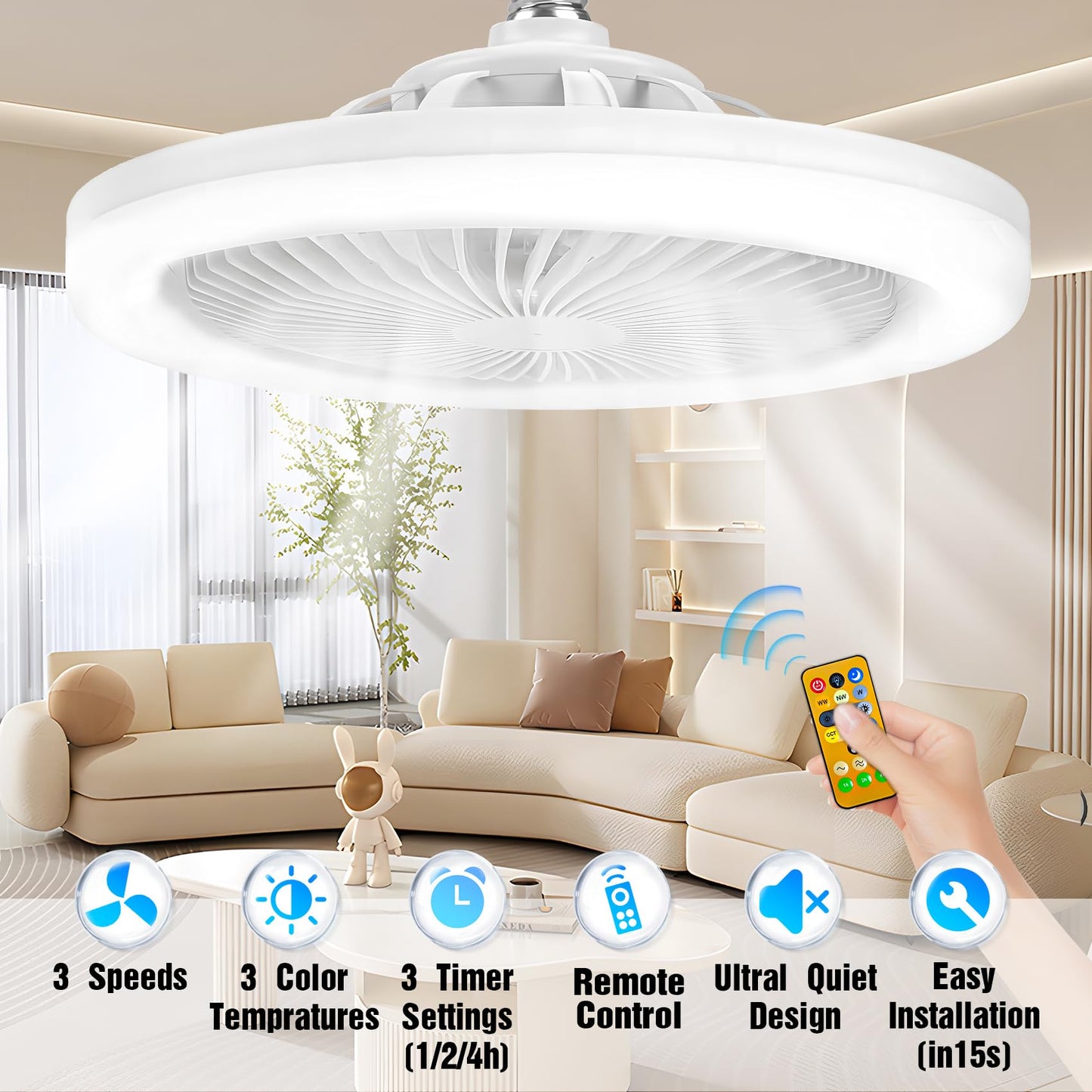 LEOONER Socket Fan Light with Remote,10" Small Ceiling Fans with Lights, 2000 Lumens Dimmable Led Bulb, 3 Colors 3000K-6500K, Easy Install Screw in E26 Base for Bedroom Living Room Kitchen Garage