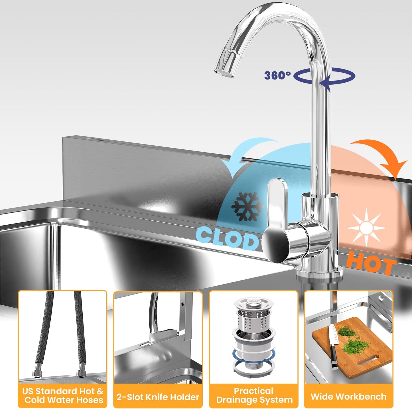 Toemics 39'' Stainless Steel Utility Sink, Free Standing Commercial Single Bowl Sink with Shelves & Right Drawer & Cold and Hot Water Pipe, Indoor and Outdoor Sink for Laundry Room, Garage, Kitchen