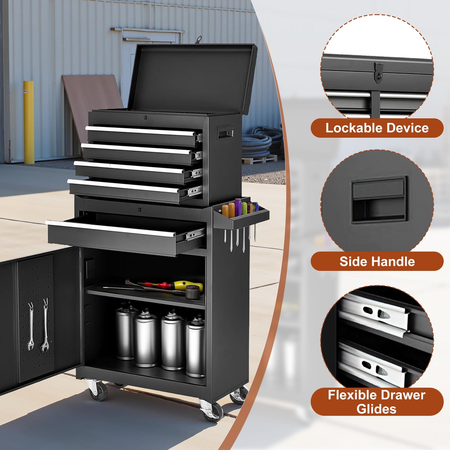 Osparple Rolling Tool Chest 5 Drawers Tool Box Garage Storage Cabinet Steel Frame 2 in 1 Tool Cart with Universal Lockable Wheels, Detachable Top and Adjustable Shelf for Garage, Black