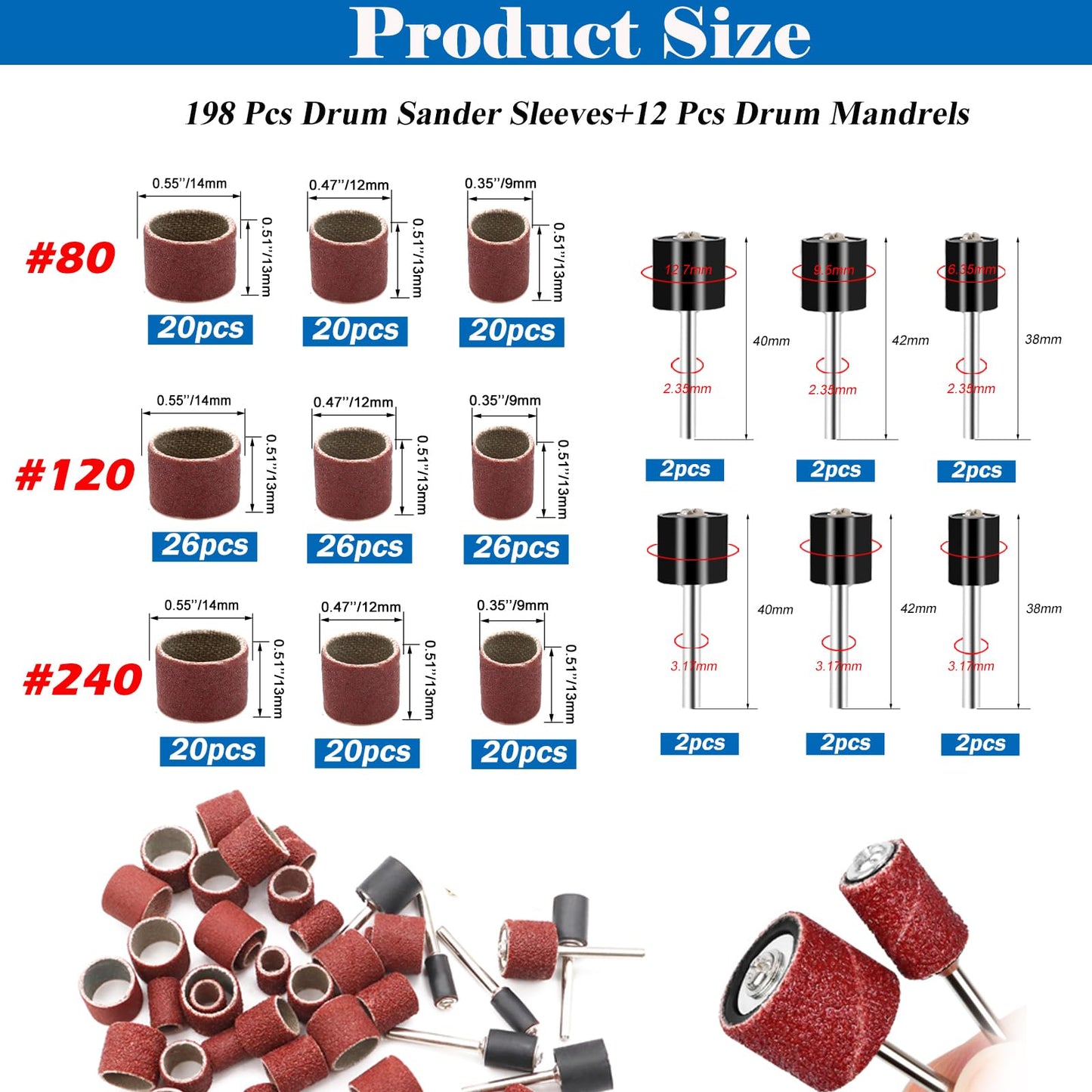 Tnisesm 210Pcs Aluminum Oxide Sanding Drum Set,Including 198 Pieces 80 120 240Grit Drum Sander Sanding Sleeves and 12 Pieces Drum Mandrels for Dremel Rotary Tool,Sanding Drums with Box