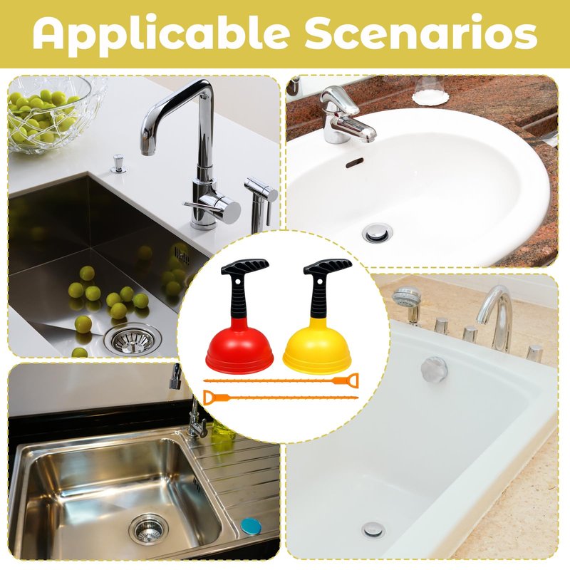 4 Pack Sink Plunger Set, Kitchen Sink Plunger and Bathroom Drain Unclogging Tools, Includes 2 Standard Plungers and 2 Drain Cleaners, Red and Yellow