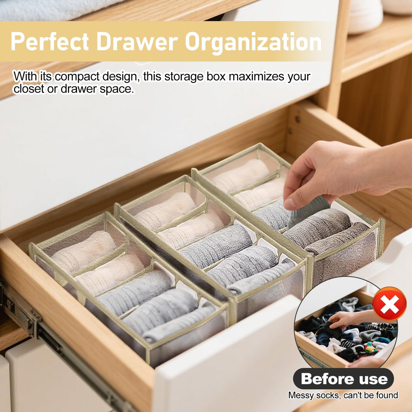 7 Girds Underwear Drawer Organizer Underwear Storage Box Foldable Socks Bra Wardrobe Storage Box(Beige,2Pcs,7 Grids)