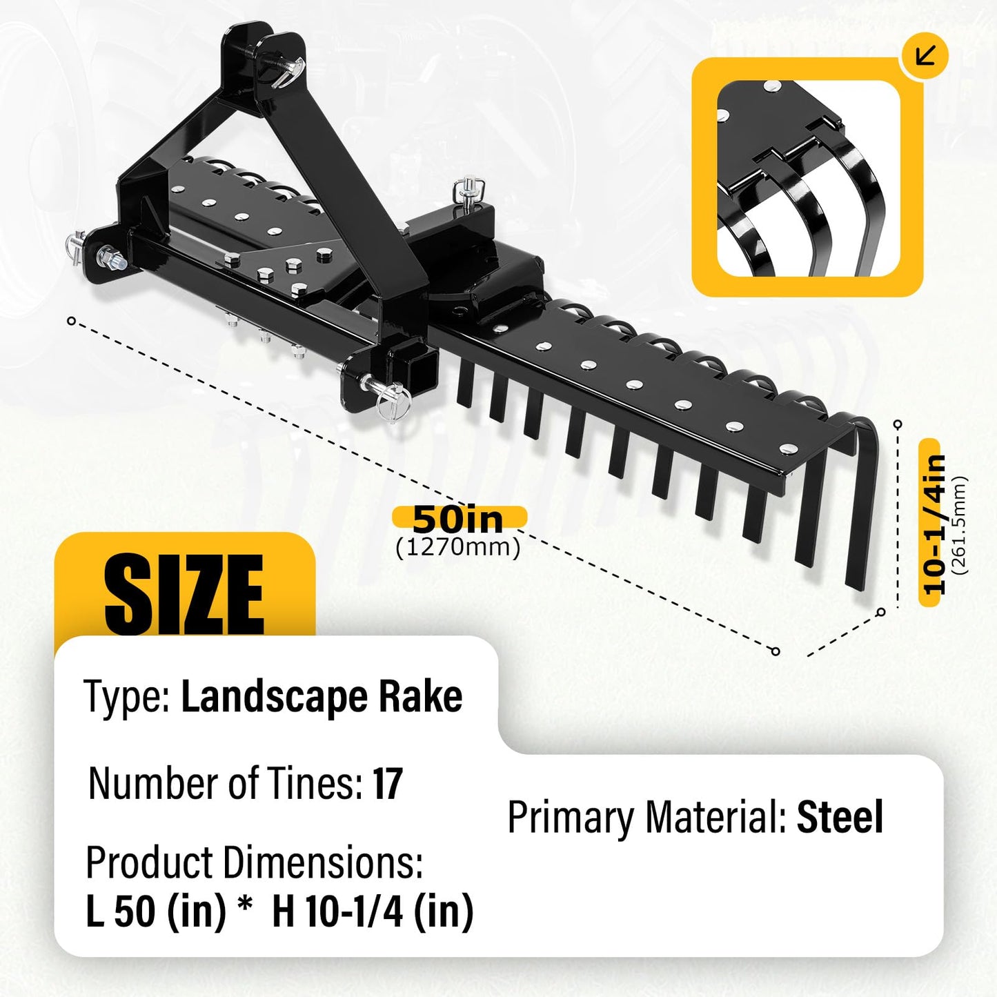 ECOTRIC 50In Landscape Rake Compatible with Category-0 Cat0 Tractor 3 Point & 5-Position Angle Adjustment for Garden, Farm, Grass Steel Powder Coated Black