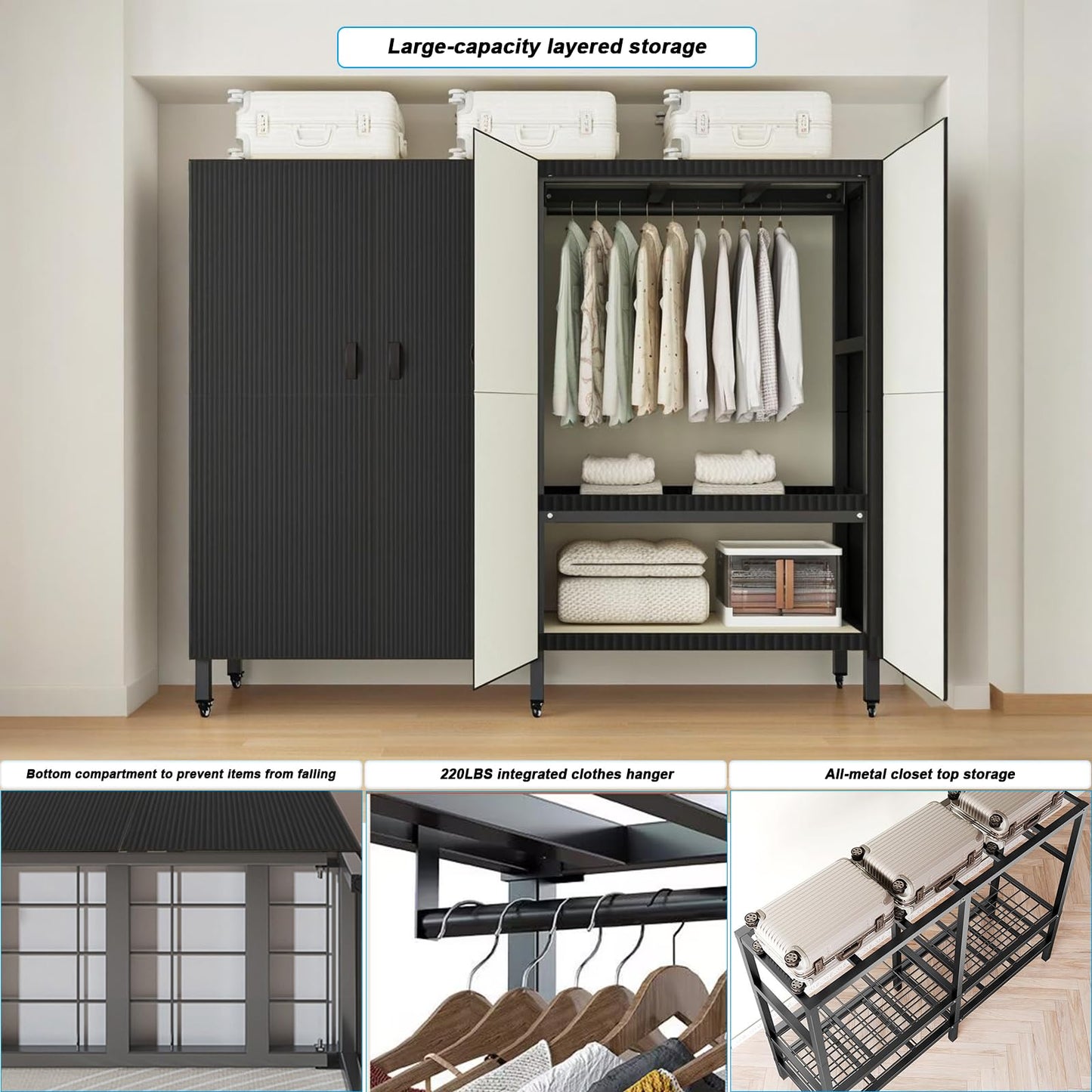 FPIGSHS Heavy Duty Clothes Rack with Magnetic Door 2000LBS Foldable Portable Wardrobe Closet for Hanging Clothing Rolling Garment Rack on Wheels for Bedroom Closet System (A(Black Door), 49.2in)