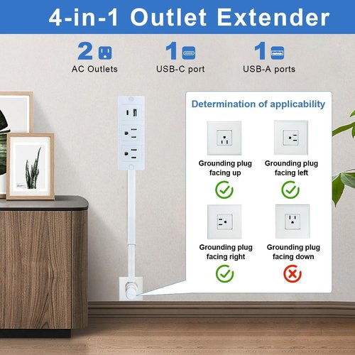Electrical Outlet Extender with USB-A, USB-C, and 2 AC Outlets,180° Rotating Power Socket Extender,Extendable Wall Outlet Extends 22-34, Space-Saving Rotating Design Fits Home, Office