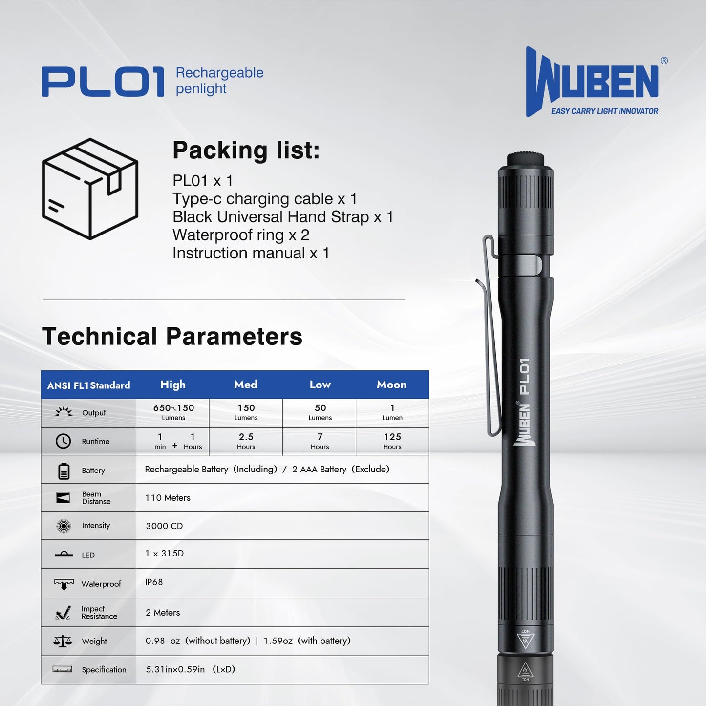 WUBEN PL01 Pen Light, 650 Lumens Pocket EDC Flashlight Rechargeable, Bright LED Pen Flashlight, IP68 Handheld Flash Lights, Compatible 2 AAA Battery for Home, Outdoor, Emergencies, Inspection
