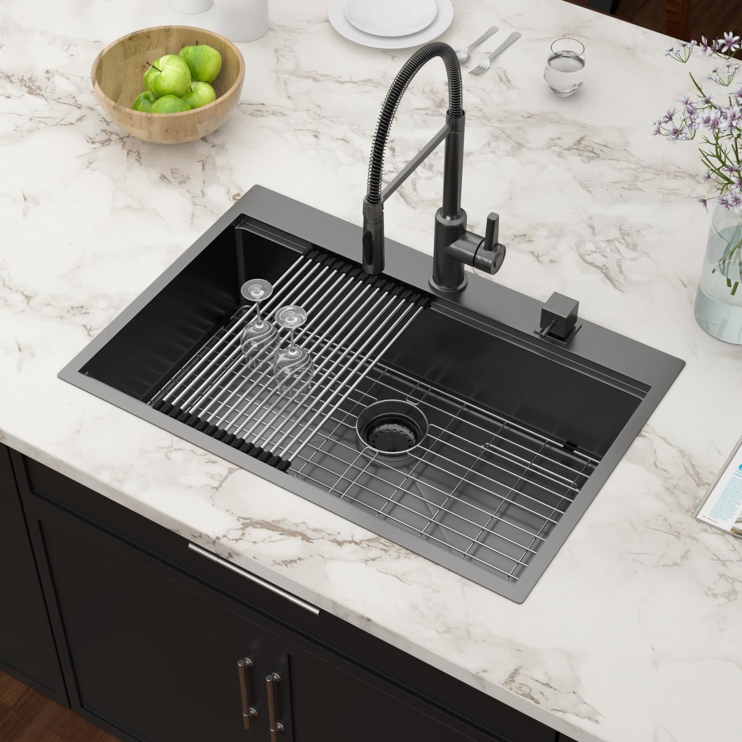 Couoko 33x22 Drop In Kitchen Sink Black Workstation 16 Gauge Stainless Steel Single Bowl Kitchen Sinks Gunmetal Black Nano PVD Handmade Large Deep Sinks 33" x 22" x 9" Inch