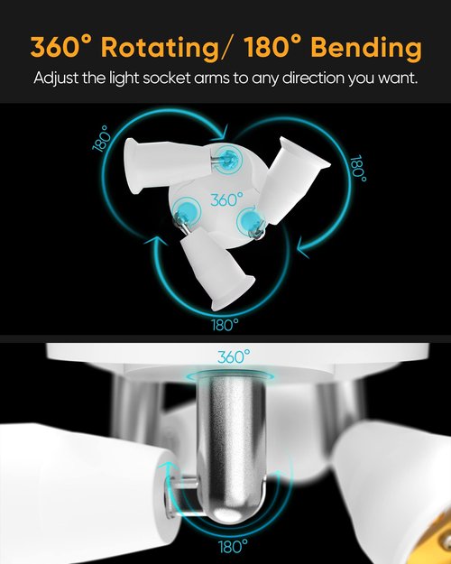JACKYLED 3 in 1 E26 Light Socket Splitter Adapter Converter for Standard LED Bulbs 360 Degree Adjustable 180 Degree Bendable Max Watt 180w