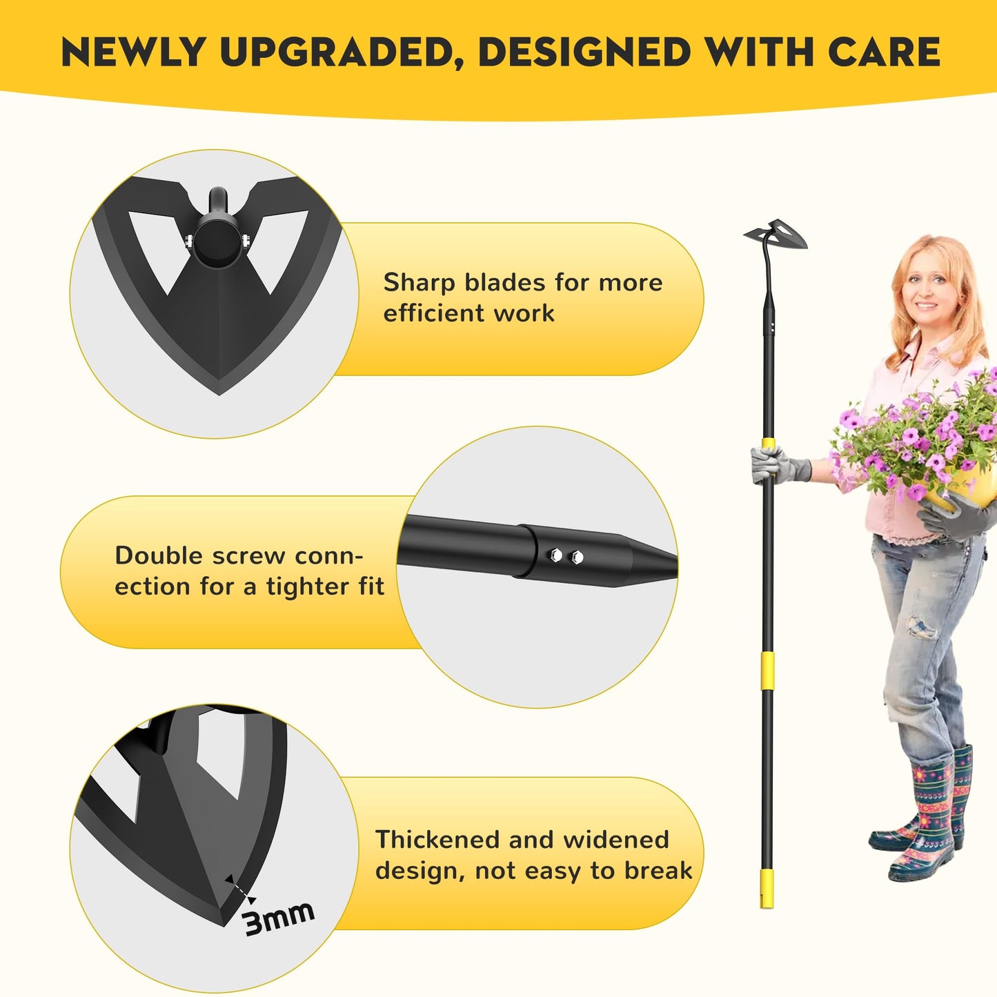 DwelSpire Hoe Garden Tools, Metal Heavy-Duty Triangular Garden Hoe for Easier Weeding and Digging, 41.3-55.5 Inch Adjustable Long Handle, Black