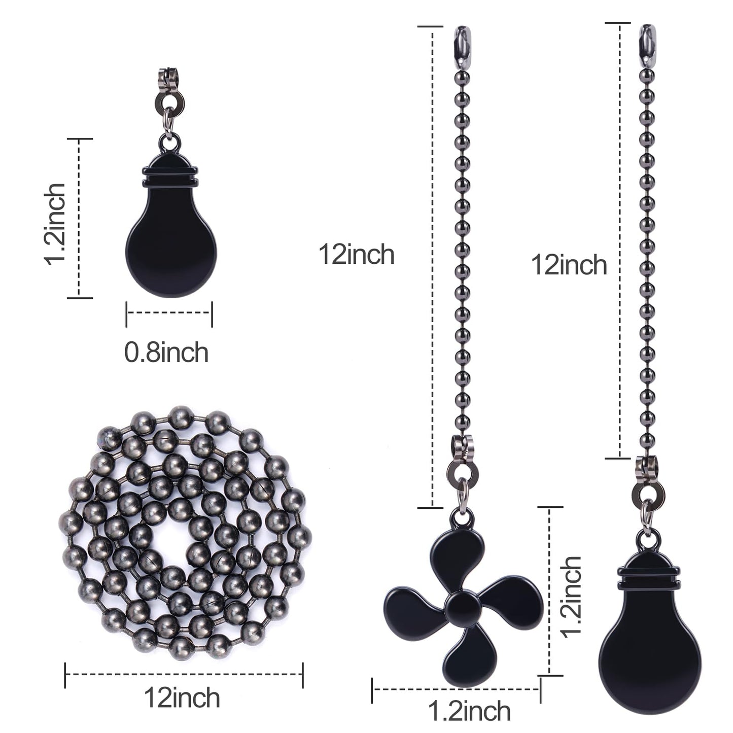 2 Pack Ceiling Fan Pull Chain Extension Set, 12 Inches Fan Light bulb Shaped Pull Chains Extenders for Ceiling Fans and Lamps, Decorative Fan Pulls Pendant for Bedroom Living room (1Light and 1 Fan)